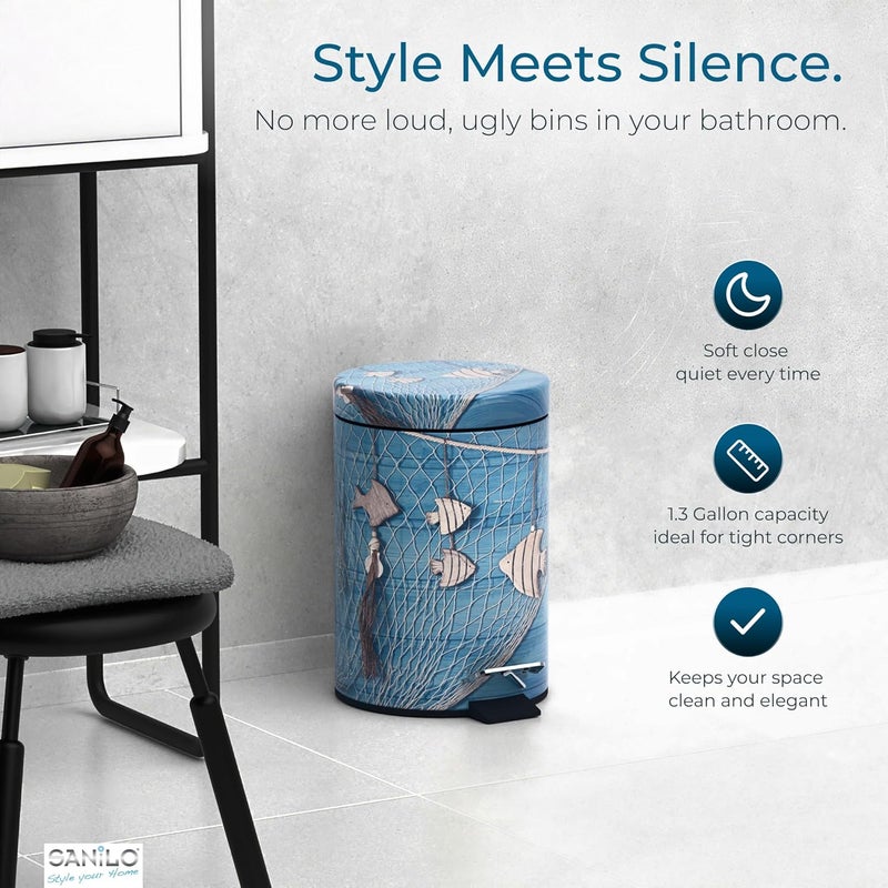 Sanilo Small Bathroom Trash Can with Lid [1.3 Gallon] - Lidded Tiny Trashcan for Garbage - Mini Metal Bin with Soft Closing Mechanism - Bath Room Accessoire Wastebin with Inner Bucket (Seafaring) - Image 3
